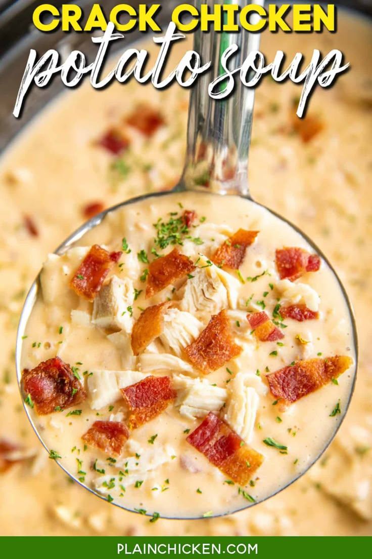 Slow Cooker Crack Chicken Potato Soup recipe – creamy potato soup loaded with tender chicken, cheddar, bacon, and ranch. This soup is SO freaking delicious! I wanted to lick the bowl! Frozen hash browns, chicken breasts, chicken broth, cheddar, bacon, ranch, cream cheese, Velveeta, and milk. Everyone RAVES about this easy soup recipe. Simply dump everything in the crockpot and let it do the work. Whip up some cornbread or biscuits and dinner is done!! Potato Soup Loaded, Chicken Potato Soup, Chicken Cheddar, Chicken Slow Cooker, Soup Creamy, Layered Salad Recipes, Chicken Potato, Bacon Soup, Creamy Potato Soup