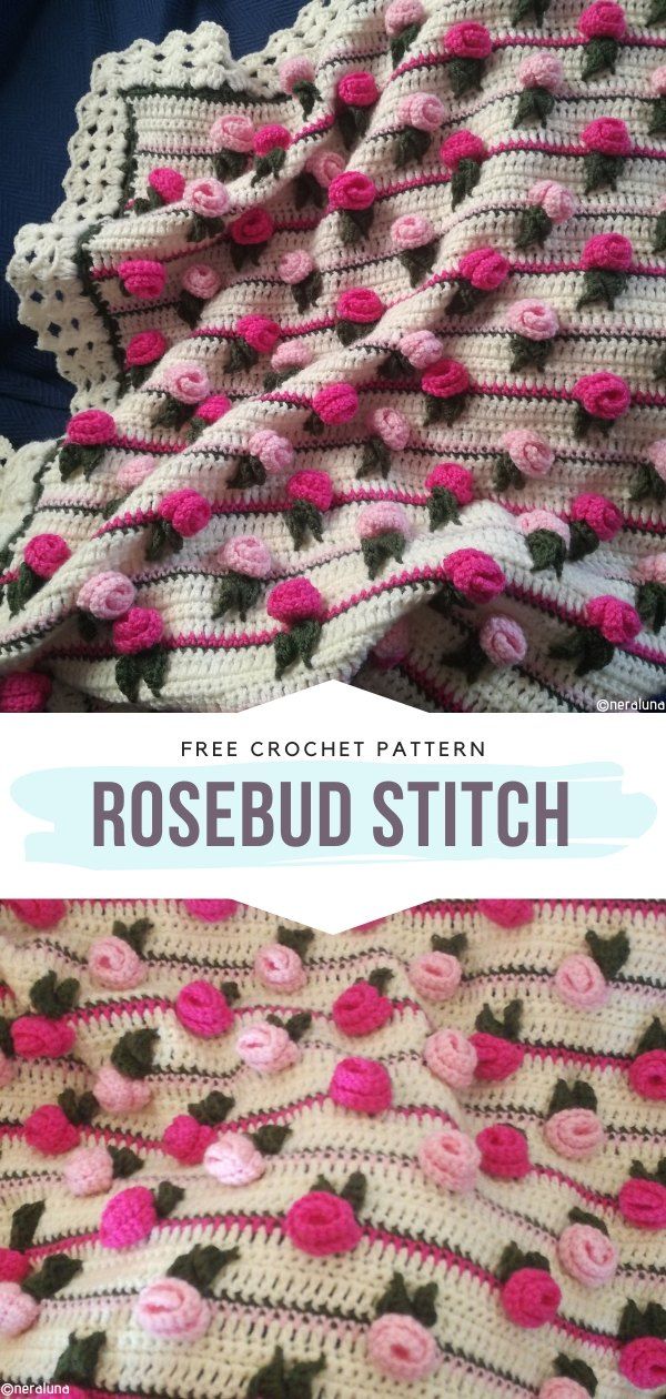 a crocheted rosebud blanket is shown with the words free crochet pattern