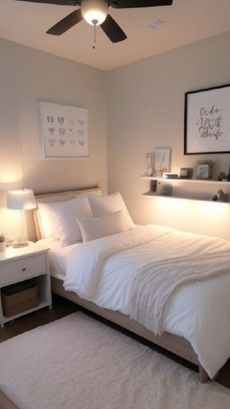 a bedroom with white bedding and pillows