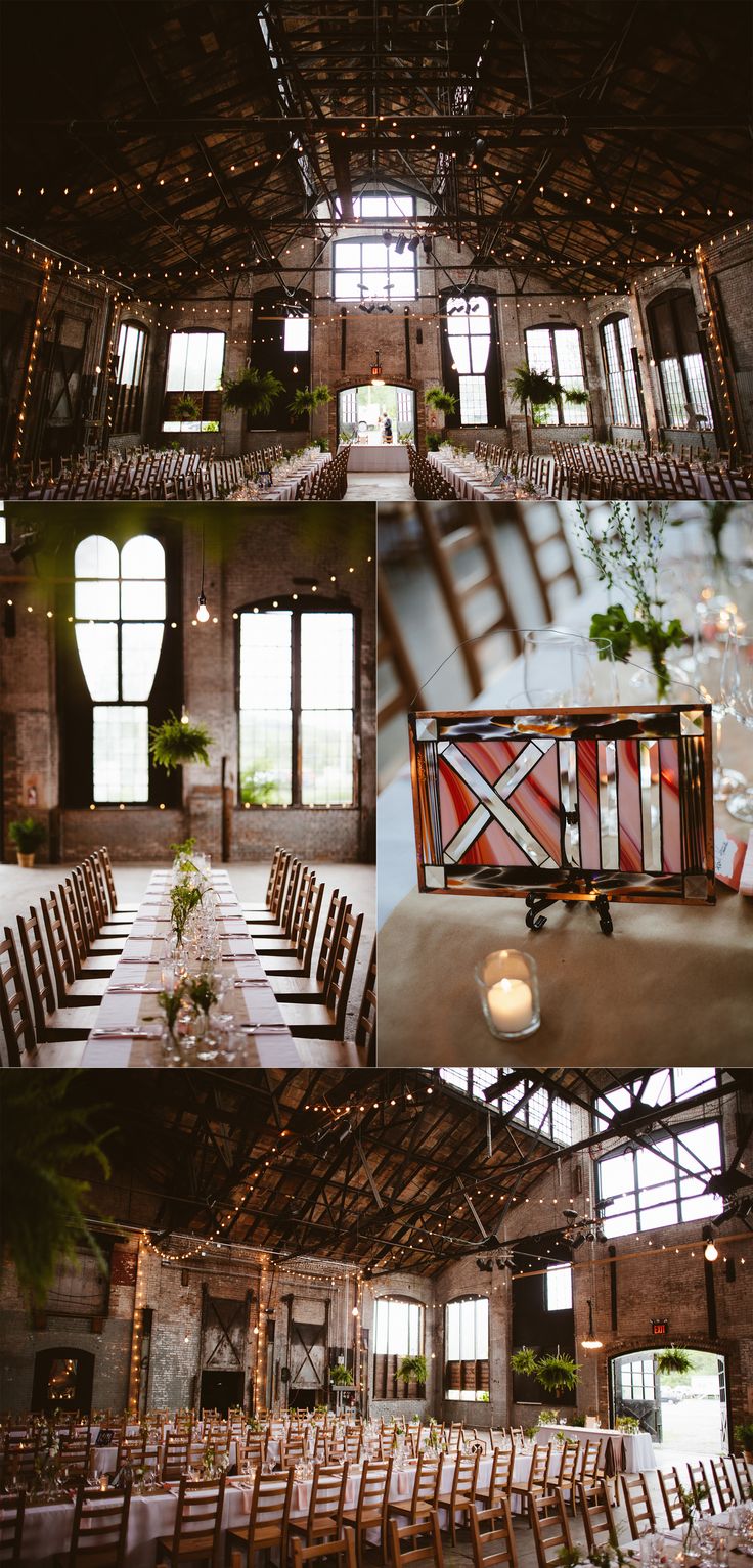 the inside of an old building with wooden chairs and tables set up for a wedding