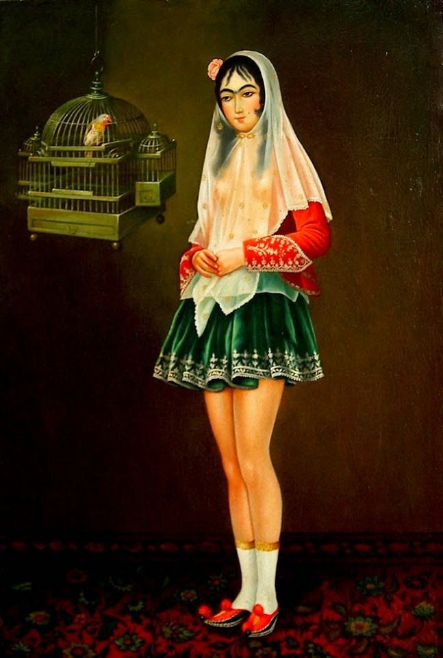 a painting of a woman in a green dress with a birdcage hanging from the ceiling