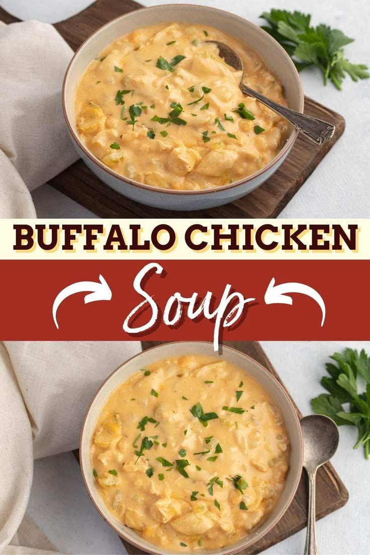 two bowls of buffalo chicken soup on a cutting board