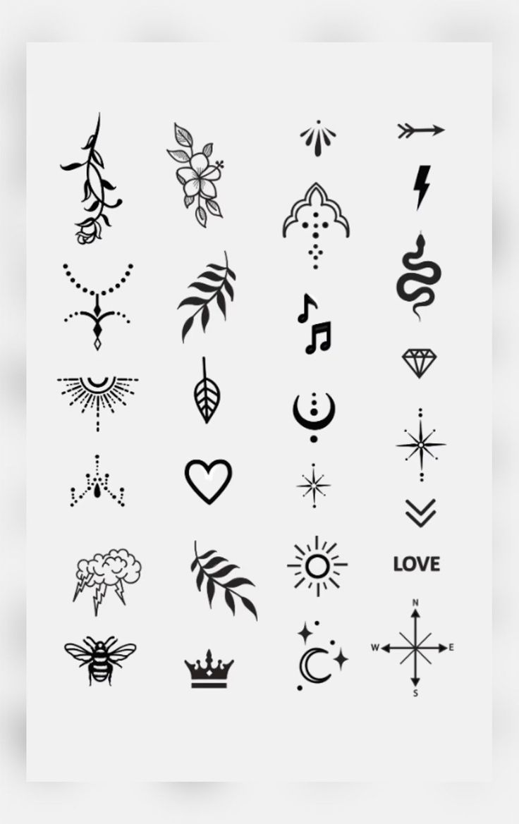 an assortment of different tattoo designs on a white background with the words love written in black ink