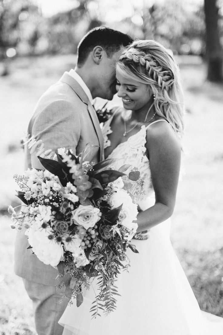 a bride and groom are standing together in the grass with their heads close to each other