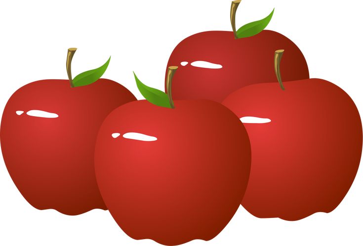 three red apples sitting next to each other with green leaves on the top and bottom