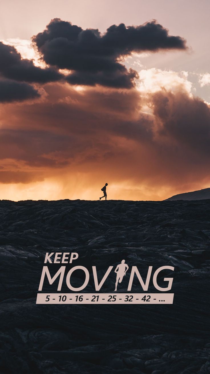 a man standing on top of a hill under a cloudy sky with the words keep moving