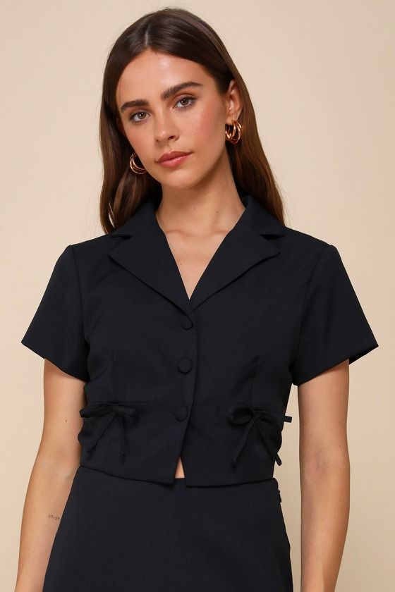 Confident Perfection Navy Blue Twill Collared Button-Up Bow Top Single Breasted Short Sleeve Tops For Work, Navy Blue Top, Bow Top, Collar Top, Business Casual Outfits, Summer 2023, Crop Shirt, Button Placket, Welt Pockets