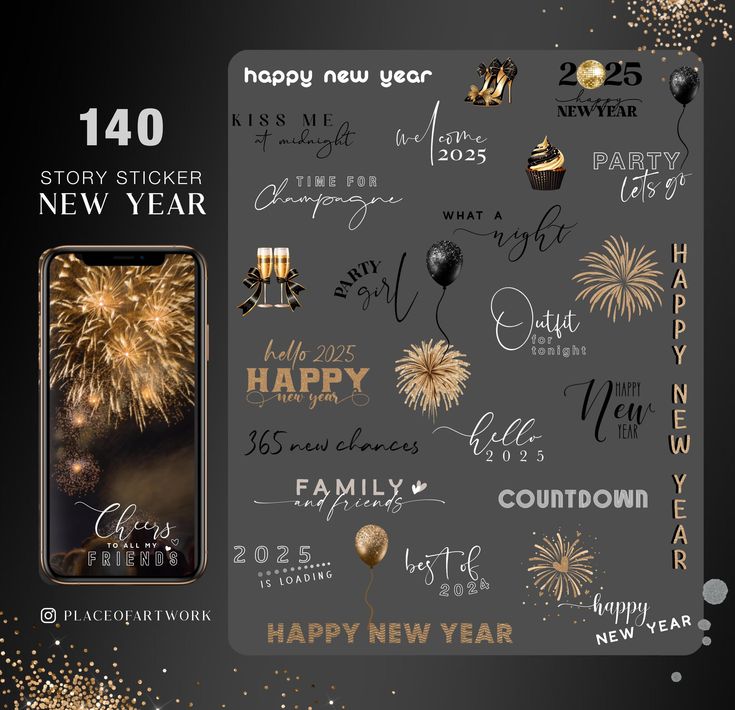 new year's eve stickers with fireworks, balloons and confetti in gold