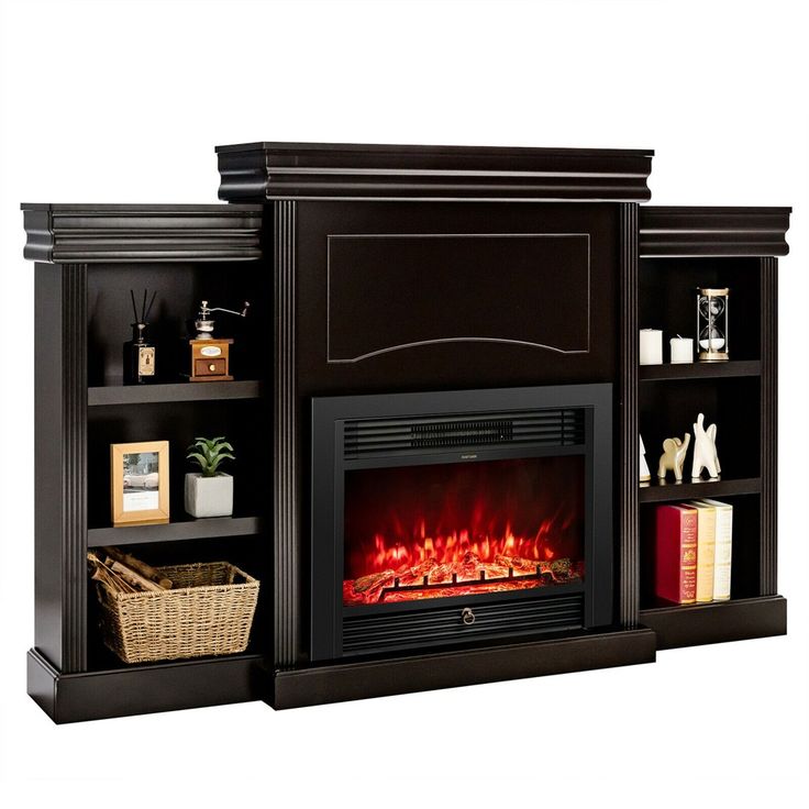 an entertainment center with a fireplace and bookshelves