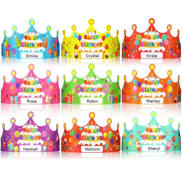 a group of birthday crowns with name tags on each one and balloons all around the crown