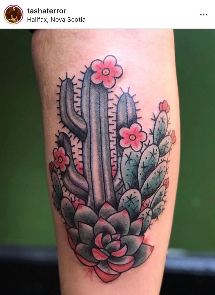 a cactus and flower tattoo on the leg