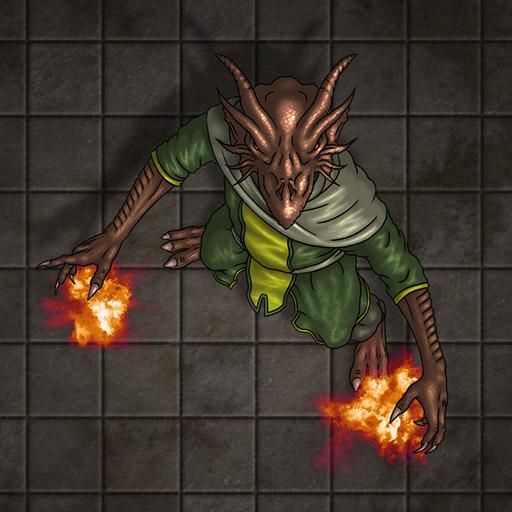 an illustration of a creature with fire coming out of its mouth and hands, on a tiled floor