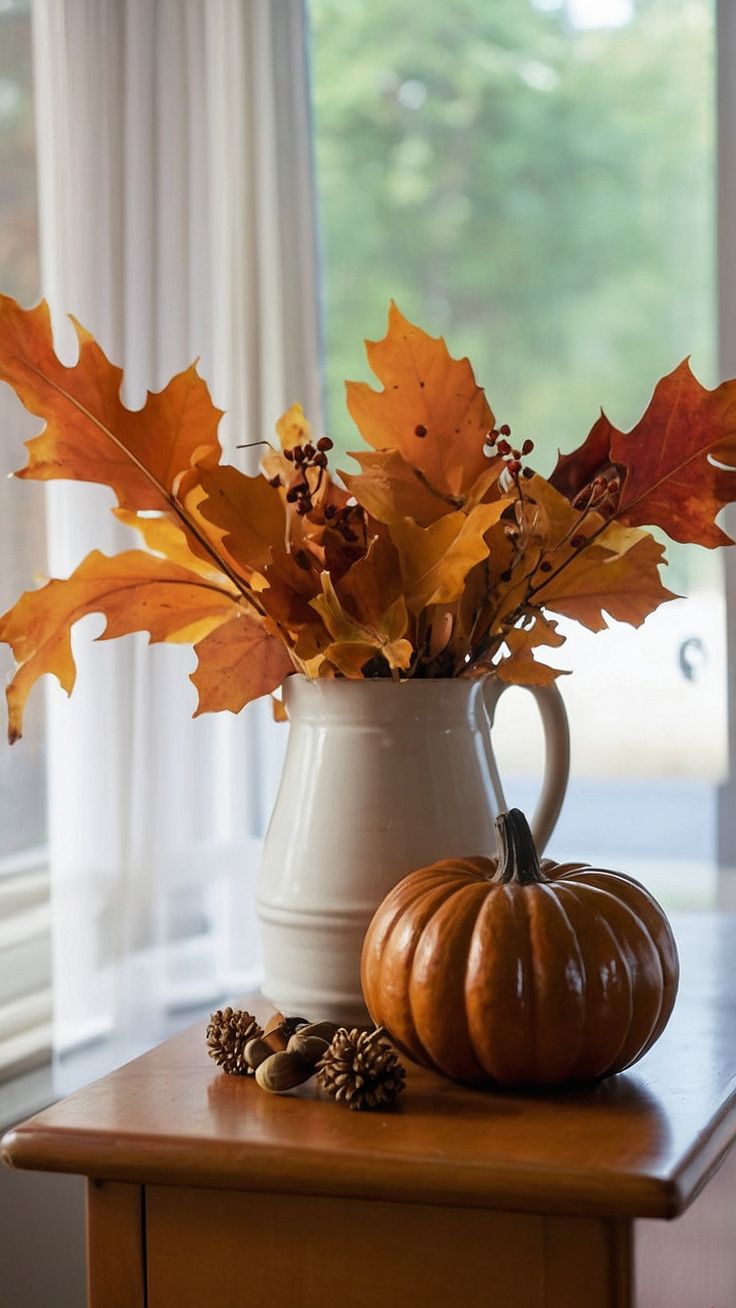 a vase filled with leaves and acorns sitting on top of a wooden table