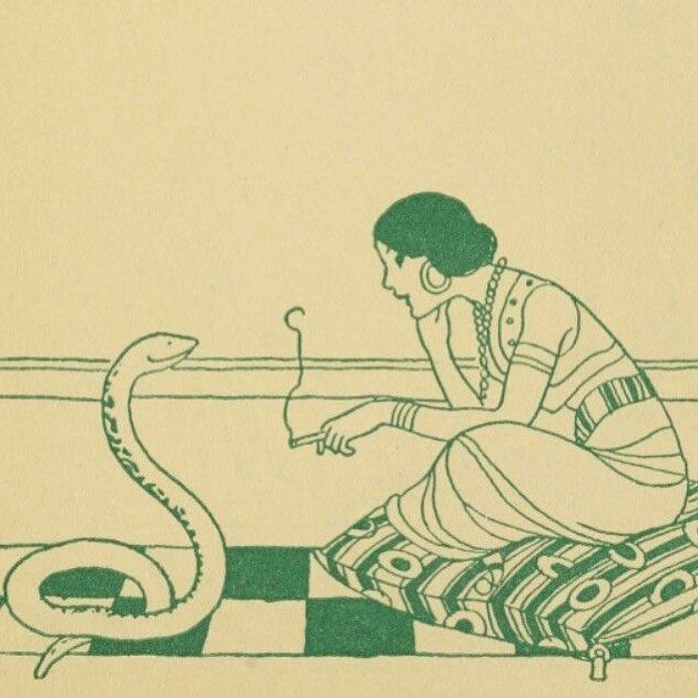 a drawing of a woman sitting on a bed with a snake in front of her