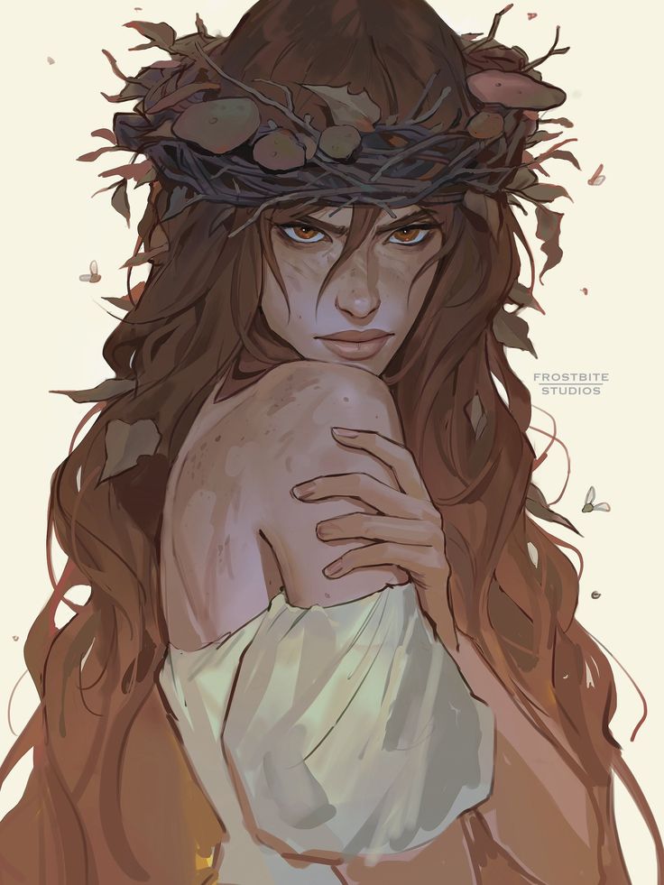 a drawing of a woman with long hair wearing a crown of leaves on her head