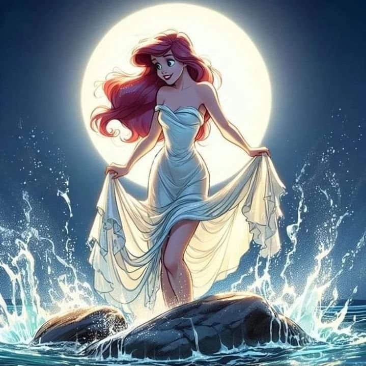 the little mermaid is standing on top of a rock in the ocean with her flowing hair