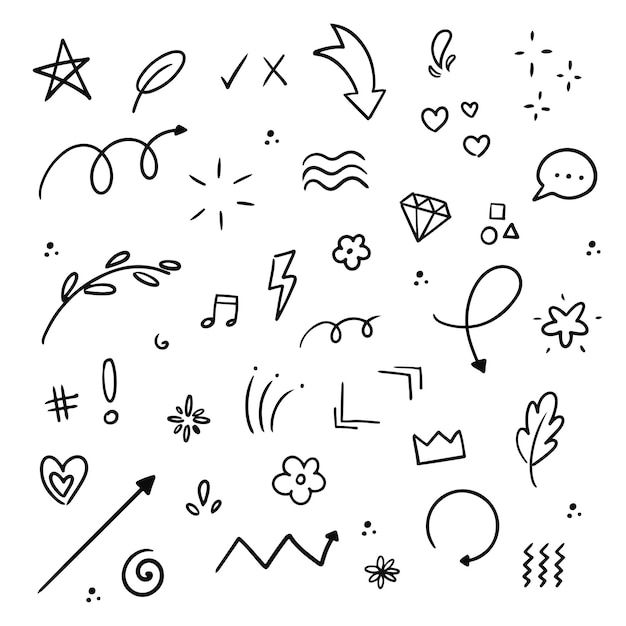 various hand drawn doodles and symbols on a white background, such as hearts, arrows, stars, shapes, lines