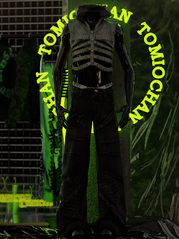 a mannequin dressed in black and green with the words tomorrow tomorrow written on it