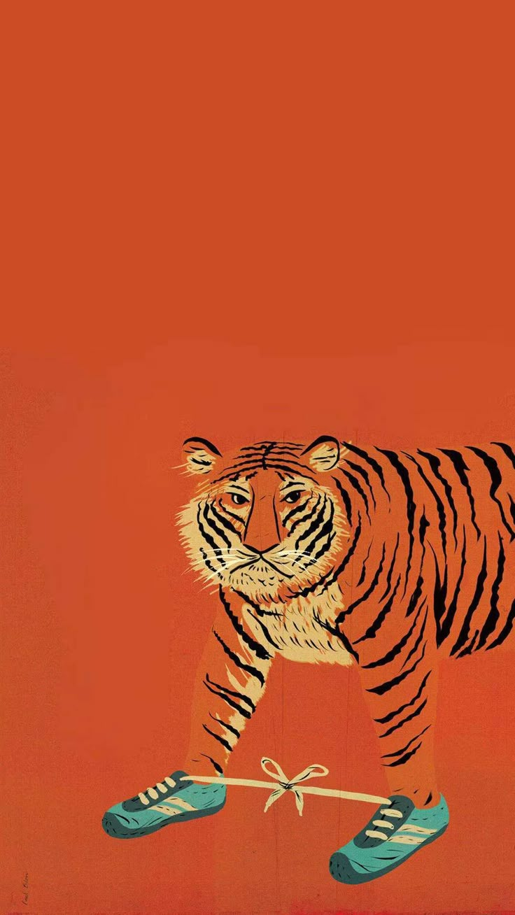 a painting of a tiger walking across an orange background with blue shoes on the ground