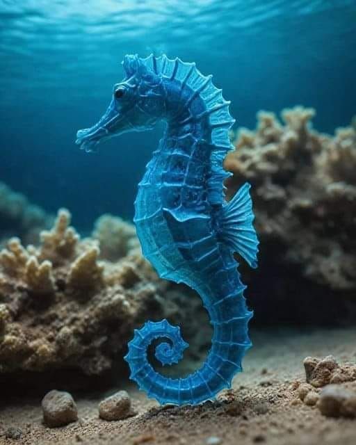 a blue sea horse standing on top of a sandy ocean floor next to corals