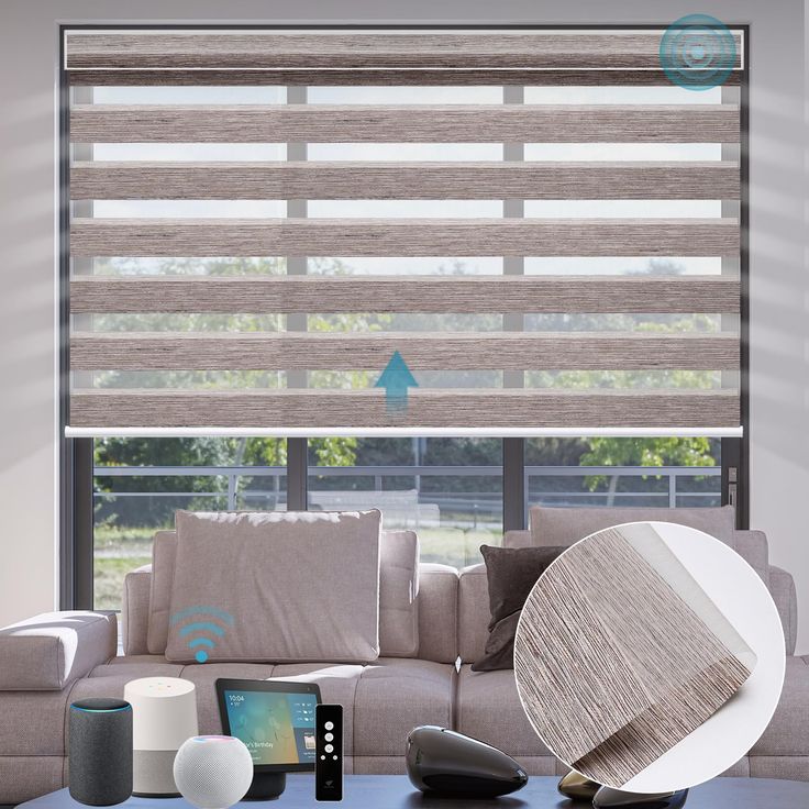 an image of a living room setting with blinds in the window and accessories on the coffee table