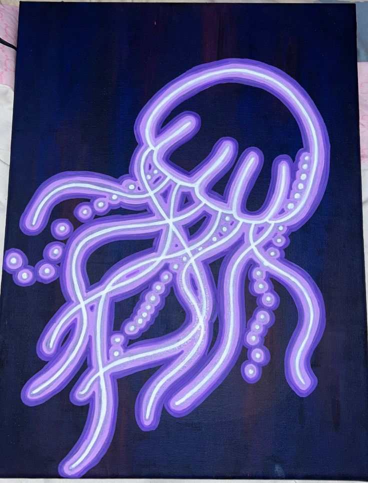 a painting of an octopus on a black background with purple and white lines around it