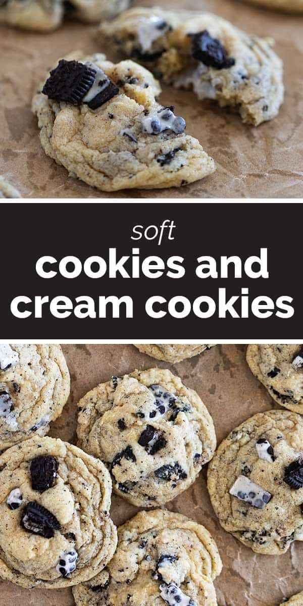 cookies and cream cookies on a baking sheet with text overlay that reads soft cookies and cream cookies