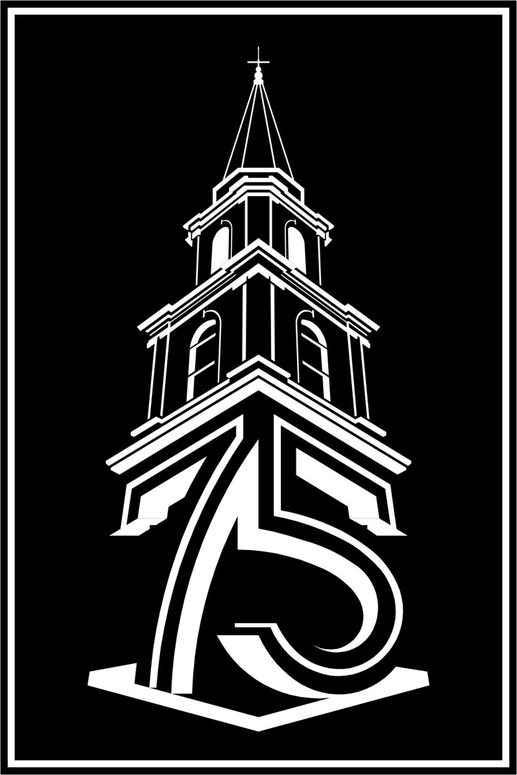 a black and white image of a tower with the number five on it's side