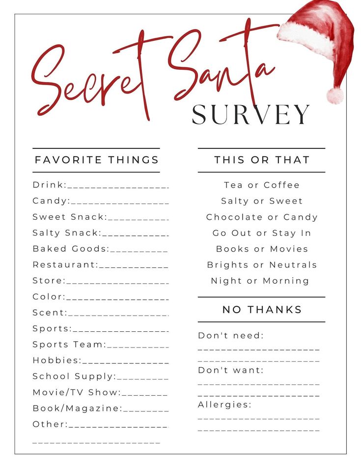 the secret santa survey is shown in this printable christmas activity sheet for kids and adults