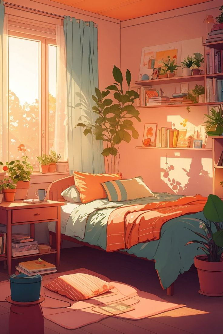 Apartment room wallpaper design, colorful ✨ Peachy Room Aesthetic, Animated Room Background, Room Background Drawing, Lofi Painting, Cozy Room Drawing, Room Illustration Art, Lofi Bedroom, Lo-fi Wallpaper, Room Digital Art