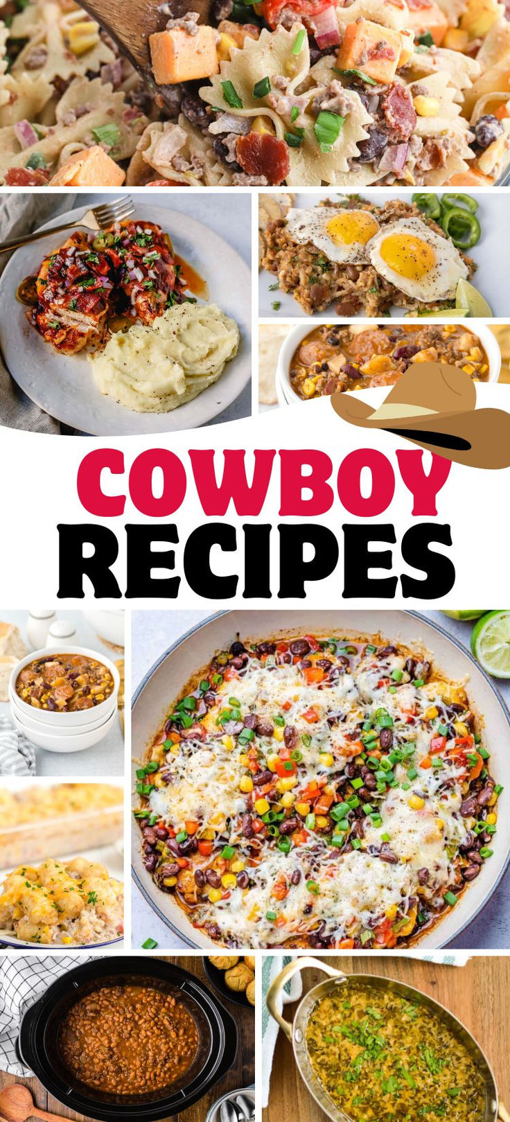 Cowboy recipes photo collage. Country Style Meals, Easy Blue Collar Meals, Cowboy Rice Salad, Easy Country Meals, Western Recipes Dinners, Cowboy Dinner Ideas, Cowboy Christmas Party Food, Western Dishes Recipes, Cowboy Cooking Recipes