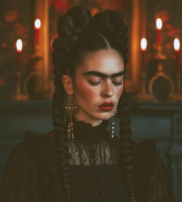 a woman with braids and red lipstick looks down at her cell phone in front of candles