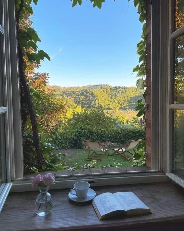 an open book on a window sill with a cup and saucer next to it