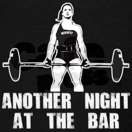 a woman is holding a barbell with another man in the background that says, another night at the bar