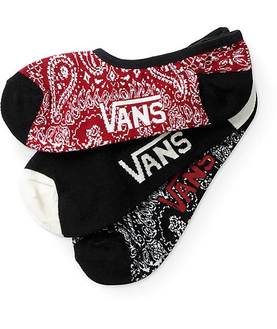 These mixed bandana print and colorblock no show socks are made with a comfortable stretchy knit construction with a low cut that is perfect for hiding under your sneakers. Vans Bandana, Vans Apparel, Black Bandana Vans, Vans Low-top Sneakers With Graphic Print, Vans Short-sleeved Graphic Tee, Vans Socks, Print Socks, Streetwear Accessories, Action Sports