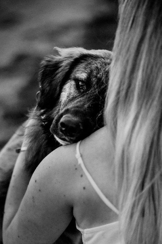 a woman holding a dog in her arms