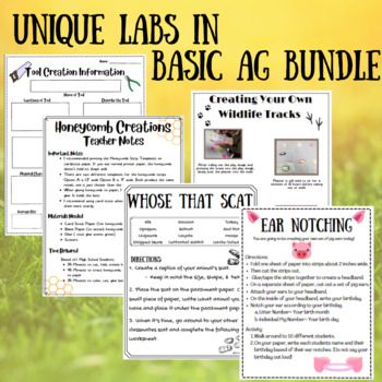 four different types of animals in the grass with text that reads unique labs in basic ag bundle