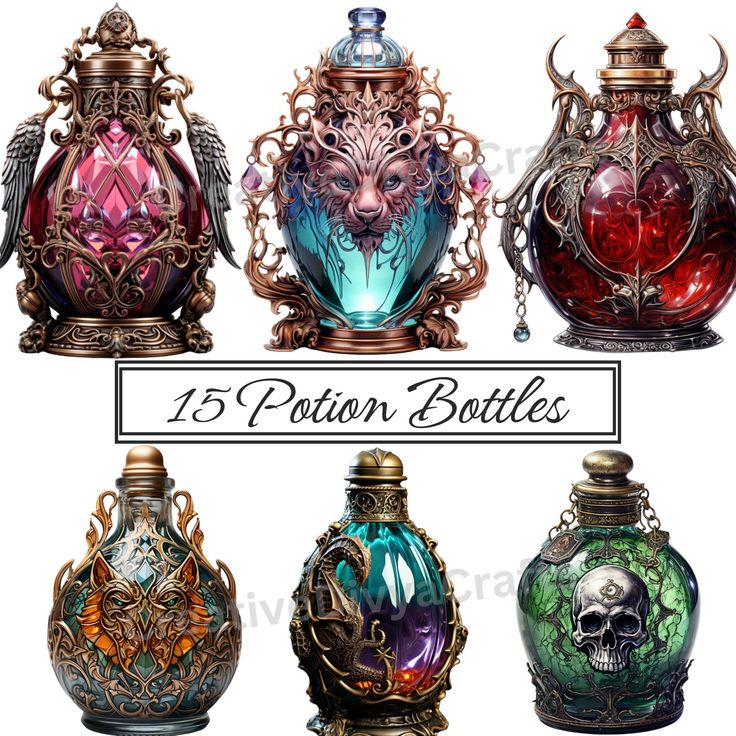 four different colored glass bottles with ornate designs on the top and bottom, each containing a skull