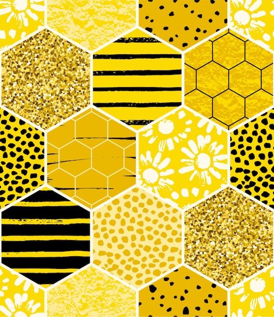 a yellow and black hexagonal pattern with flowers on the top, in different colors