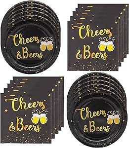 black paper plates with gold foil lettering and cheers and beers on them, set of 6