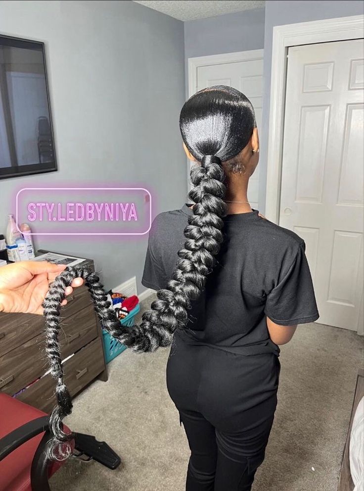 Dramatic Braided Ponytail, Distressed Braided Ponytail, Passion Braid Ponytail, Ponytail Slick Hairstyles, Mid Ponytail Braid, Two Ponytails With Weave Braids, Swoop Braided Ponytail For Black Women, Two Ponytail Braids, Sleek Ponytail Braid