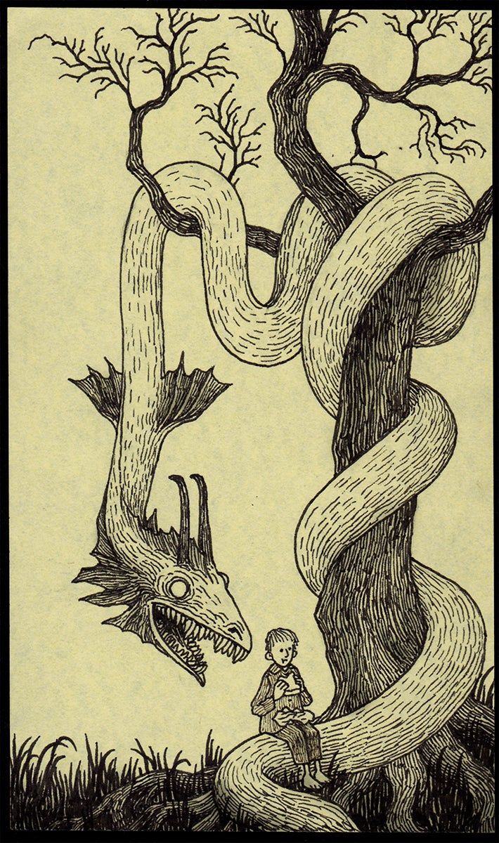 a drawing of a man standing in front of a tree with a snake on it