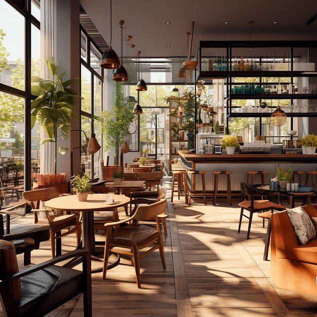 the interior of a restaurant with wooden tables, chairs and potted plants on shelves