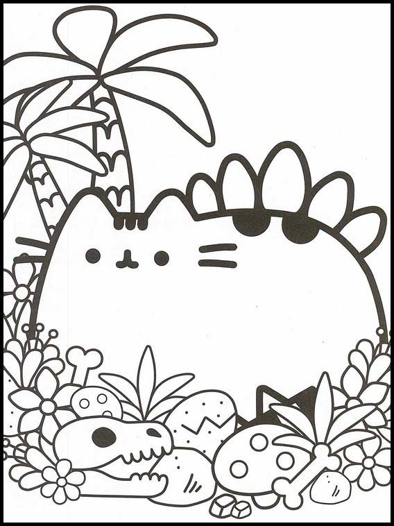 a black and white drawing of a cat surrounded by flowers, plants and mushrooms with a palm tree in the background