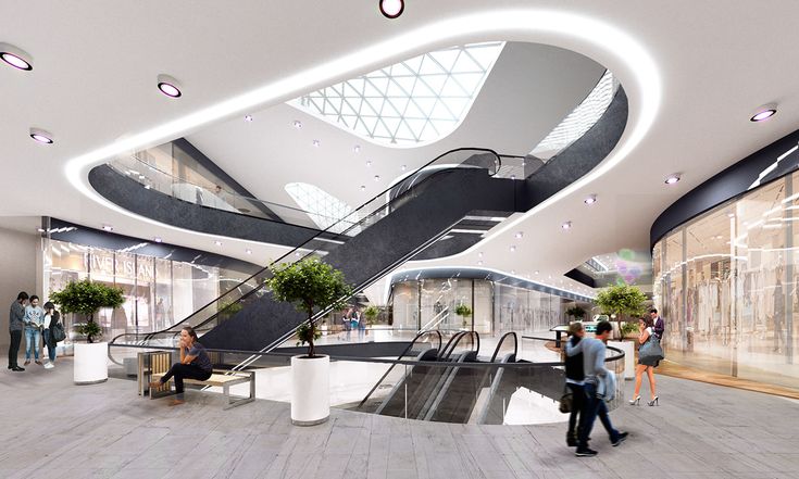 an artist's rendering of the interior of a shopping mall with escalators and stairs