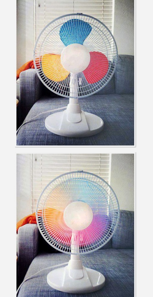 two pictures of a colorful fan sitting on top of a couch