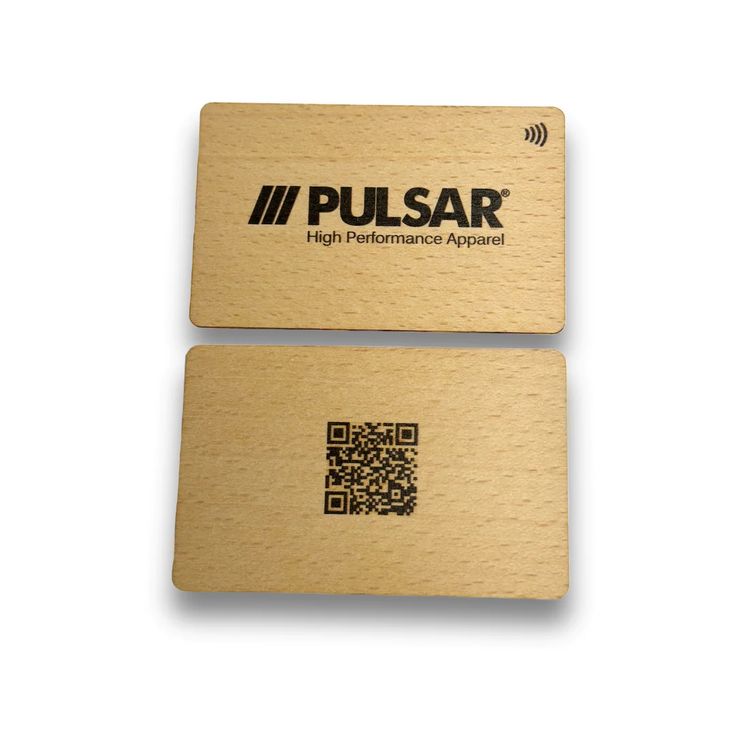 two wooden business cards with the words pulsar printed on one side and the word high performance appliance on the other