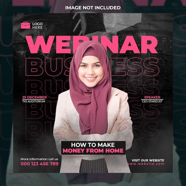 a flyer for a business event with a woman wearing a headscarf and scarf