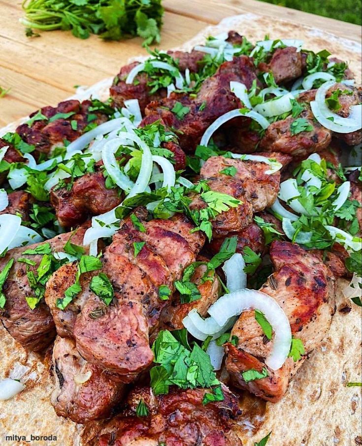 meat and onions on pita bread with cilantro