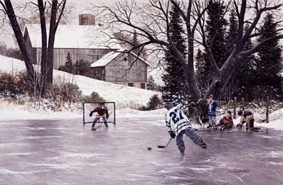 a painting of people playing ice hockey on an outdoor rink with trees and buildings in the background